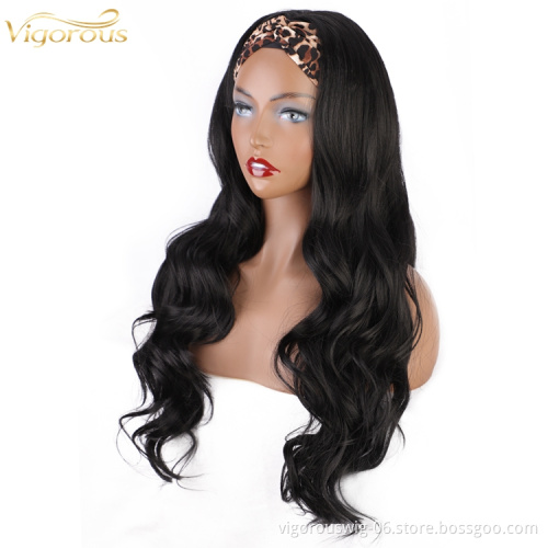 Vigorous wholesale cheap long body wave kinky curly dropshipping synthetic headband with band wigs for black women